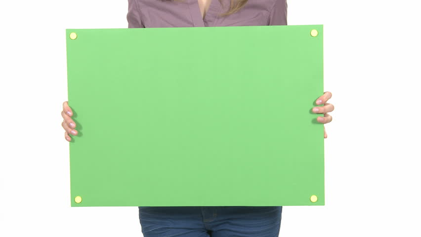 Attractive Woman shows greenkey copyspace with tracking points.
