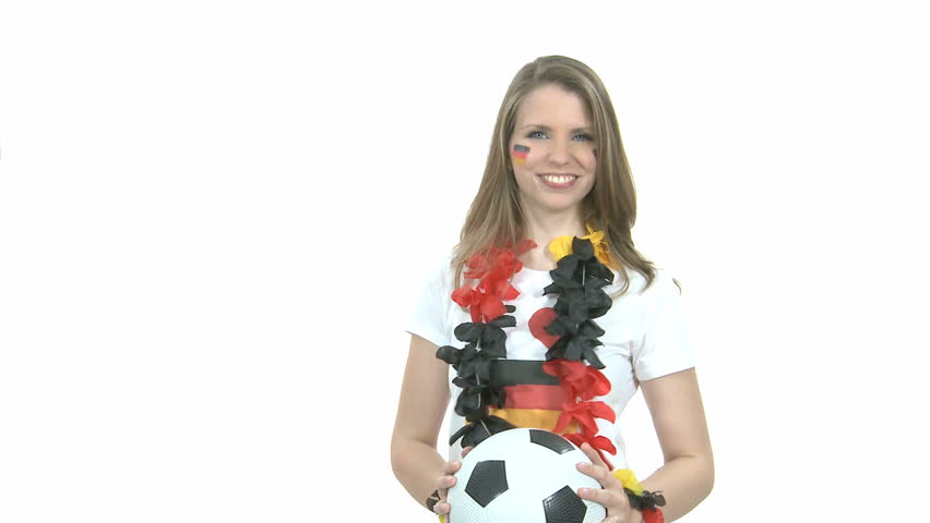 Attractive German fan girl throws soccer ball