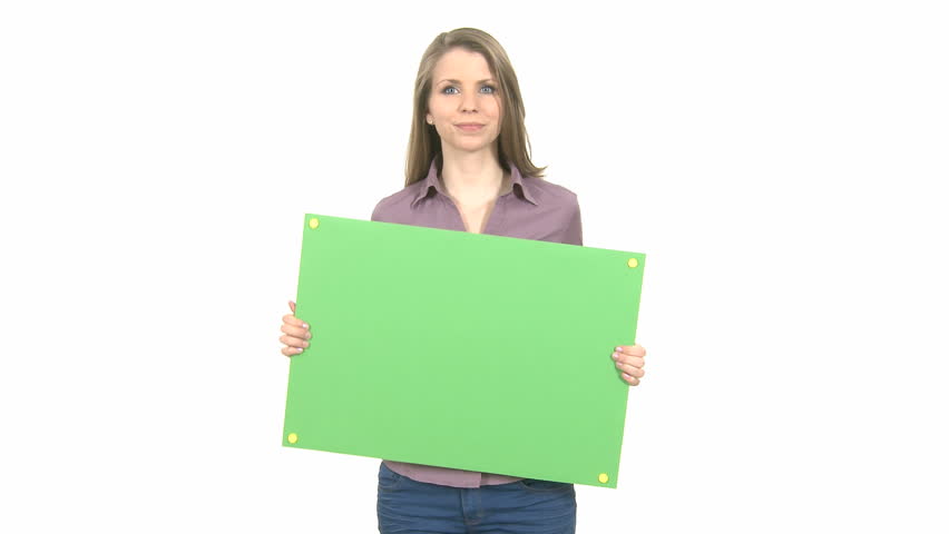Attractive Woman shows greenkey copyspace with tracking points.