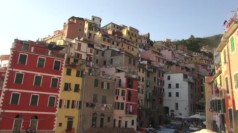 RIOMAGGIORE, ITALY, AUGUST 24, 2016: The village of Riomaggiore, one of the famous Cinque Terre.50fps, real time