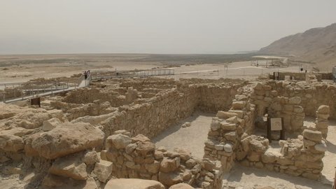 wide shot of the ruins of the essene community near the dead sea at qumran in israel