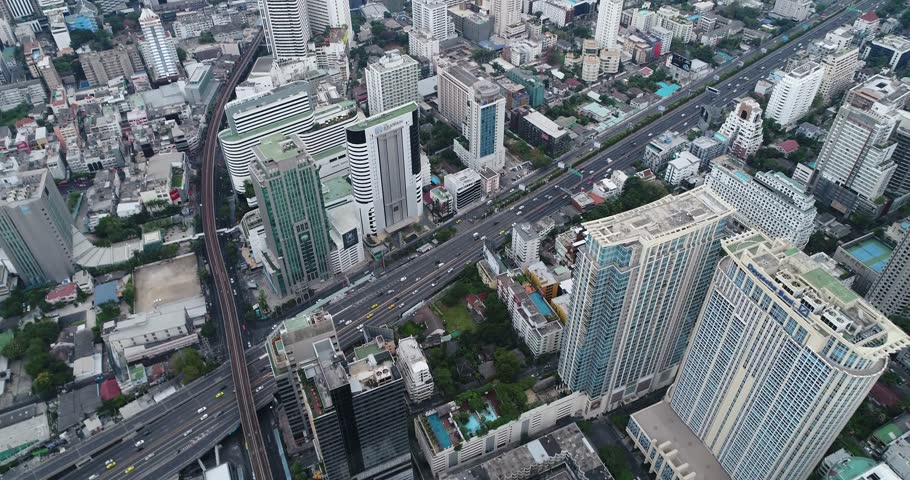 Bangkok Highway Corridor Through Dense Hotel and Apartment District.