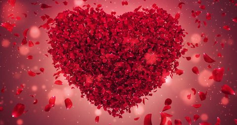Romantic flying red rose flower petals love heart wedding background. For St. Valentines Day, Mother's Day, wedding anniversary greeting cards, wedding invitation or birthday e-card. Seamless loop 4k