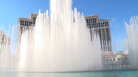 LAS VEGAS, NEVADA - CIRCA APRIL 2011: The Bellagio Hotel and Casino water fountain show on clear, summer day.