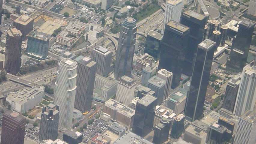 LOS ANGELES - CIRCA DECEMBER 2011: Flying in airplane over downtown Los Angeles,