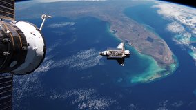 Space shuttle floats in space. Perfect of computer graphics videos about: space, earth, orbit, ISS, the International Space Station, astronauts, NASA and discovery