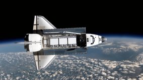 Space shuttle floats in space. Perfect of computer graphics videos about: space, earth, orbit, ISS, the International Space Station, astronauts, NASA and discovery