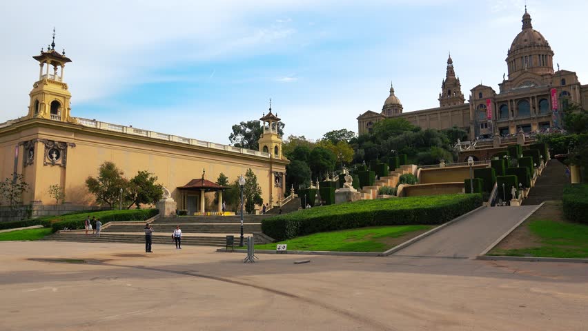 View of Catalunya National Museum of Art. Barcelona, Spain. Shot in 4K (ultra-high definition (UHD)).