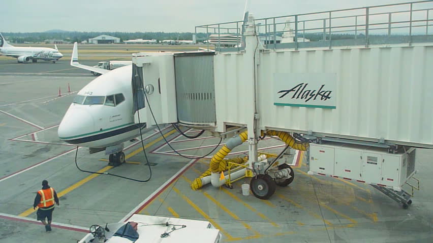 PORTLAND, OREGON - CIRCA JANUARY 2010: Alaska airplane arrives at Portland,