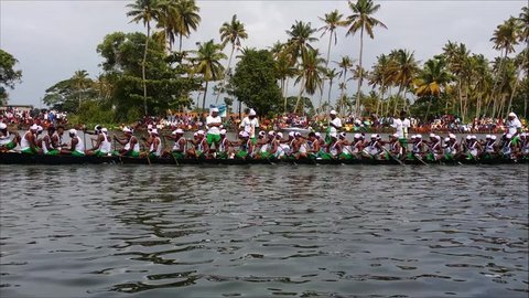 Alappuzha, INDIA - AUG 13:A snake boat team participates in Nehru Trophy Boat race on August 13, 2016 Alleppey, Kerala, India in is very popular and competitive race event 