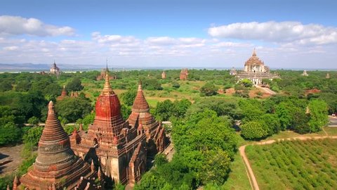 Bagan, Myanmar (Burma), aerial view of ancient temples and pagodas. The Bagan Archaeological Zone is a main draw for the country's nascent tourism industry.