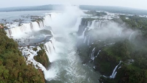 Aerial view of Iguazu waterfalls on border of Argentina and Brazil.