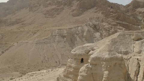 wide panning shot of cave 4Q at qumran site the dead sea scrolls in israel