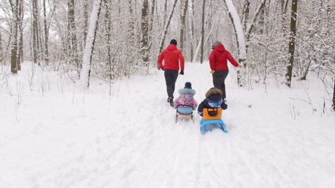 Husband and wife are pulling two sledges with their children.