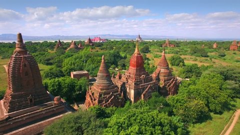 Bagan, Myanmar (Burma), aerial view of ancient temples and pagodas. Bagan is Myanmar's most popular tourist attraction.