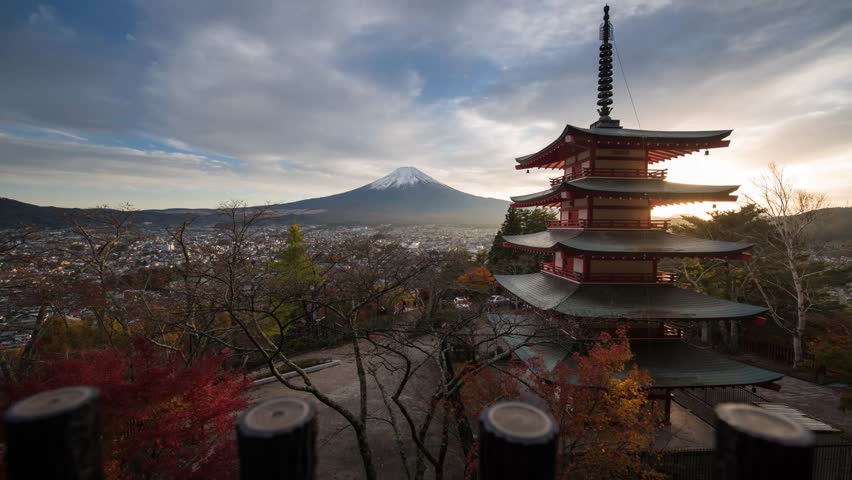 Chureito Pagoda and Mt. Fuji Sunset 4K time lapse in autumn, Kawaguchiko ,Japan. Fuji Five lake. Mt. Fuji landmark | Shutterstock HD Video #23325229