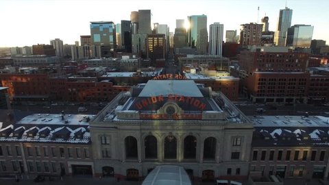 Aerial Drone flying above Union Station towards Downtown Denver