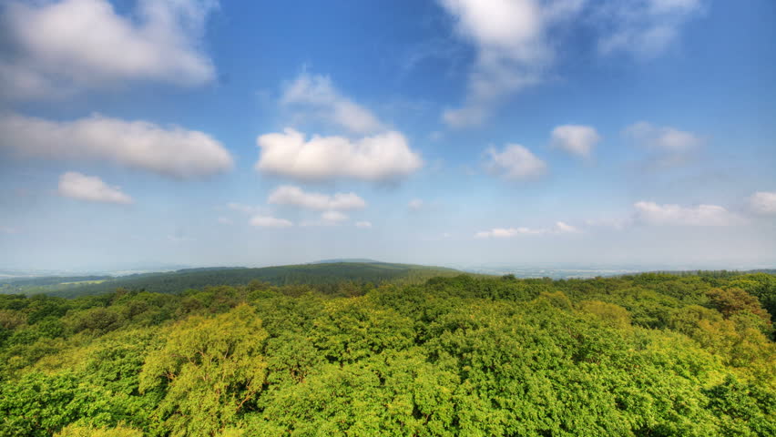 Blue sky over forest, HD time lapse clip, high dynamic range imaging.