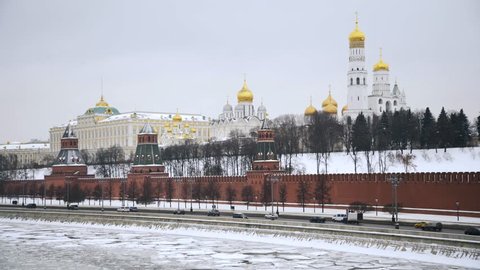 Establishing shot toward the Kremlin and Kremlin Embankment. Winter time in Moscow. Real time locked down shot