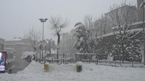 ISTANBUL, TURKEY - JANUARY 09,2017: Galata District in a snowy winter day, Beyoglu. 