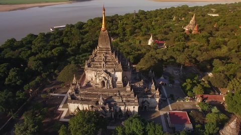Bagan, Myanmar (Burma), aerial view of ancient Gawdawpalin temple and pagodas at sunset.