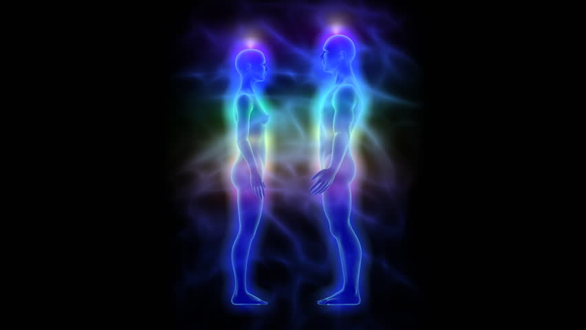 Woman and man with aura, chakras and healing energy - loop able animation