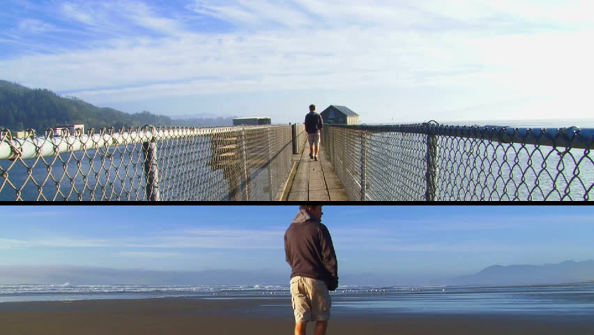 Layered Clip with 3 shots of man walking away towards Pacific Ocean in Oregon on