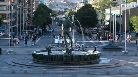 GOTHENBURG, SWEDEN - SEPTEMBER 04, 2016. Timelapse of the iconic statue of Poseidon at Gotaplatsen, the fountain was designed by swedish sculptor Carl Milles and was unveiled on November 20, 1927.