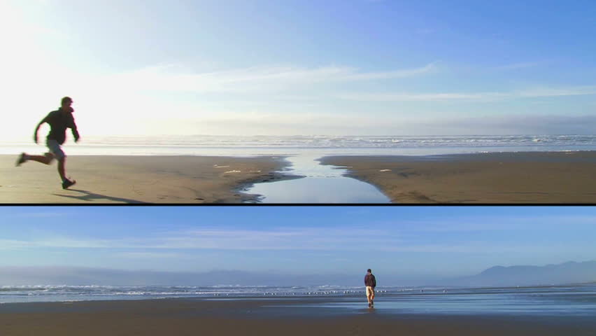 Layered Clip with 2 shots of man enjoying the Pacific Ocean in Oregon on solo