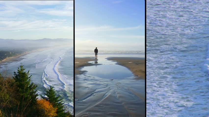 Layered Clip with 3 shots of man walking towards Pacific Ocean in Oregon on solo