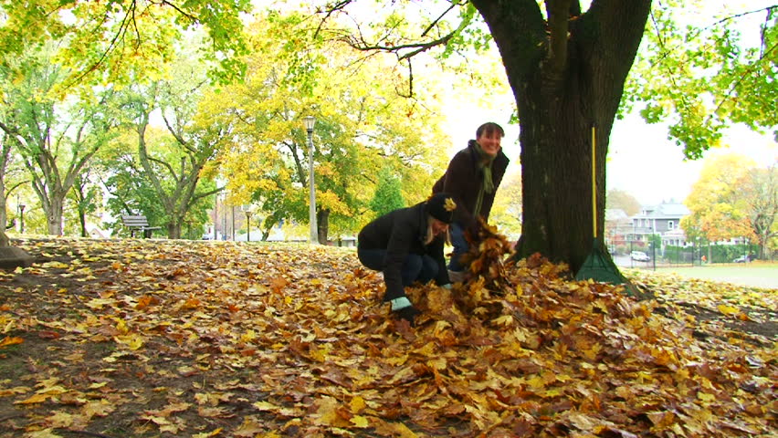 Friends enjoy a fall day by playing in leaf pile and throwing leaves.