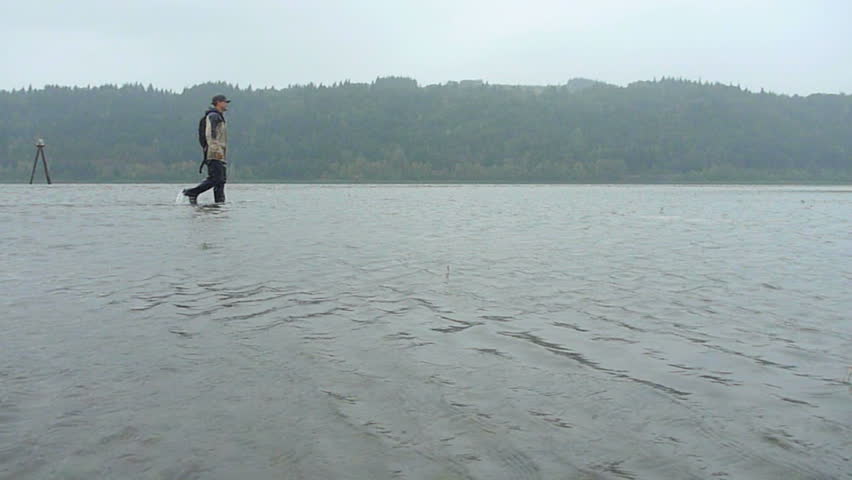 Man hikes, walking through frame in the Columbia River, Oregon and Washington
