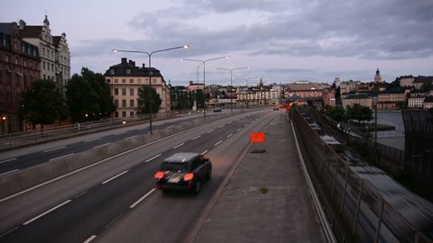 City traffic and railroad tracks in Stockholm, Sweden