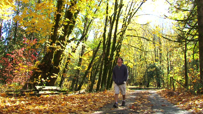 Man walks up dirt road full of fallen leaves in Oregon forest.
