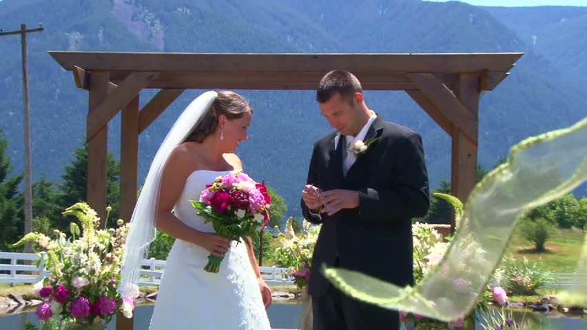 Model released bride and groom reading vows on their wedding day at the altar.
