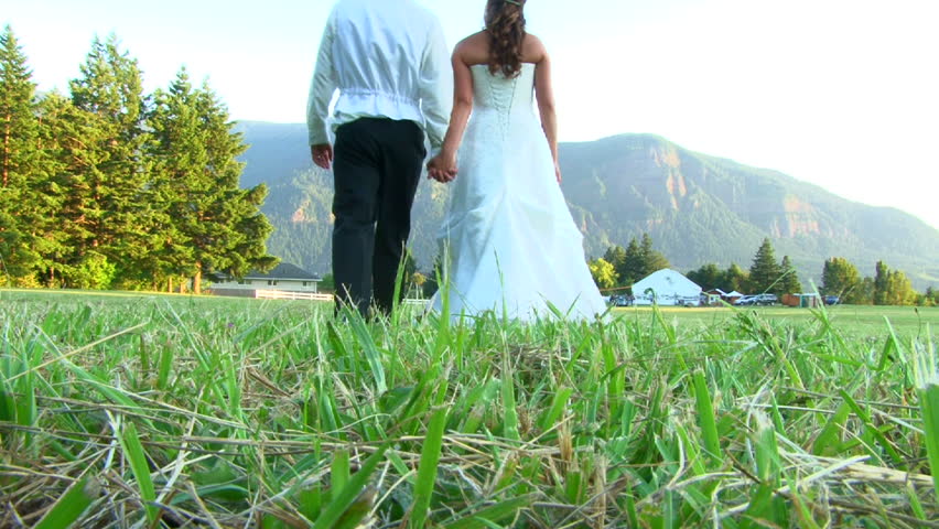Bride and groom walk away, low angle camera, in green valley on their wedding