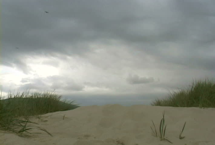 Man runs up sand dune.