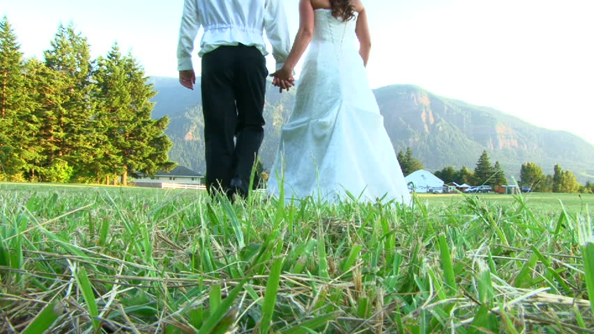 Bride and groom walk away, low angle camera, in green valley on their wedding
