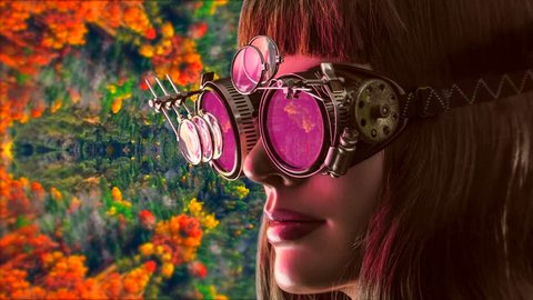 Colorful virtual reality simulation, steampunk goggles.

