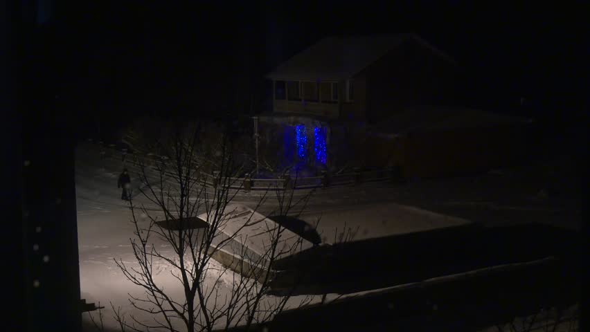 an Adult Man Goes Along the Street in a Middle of a Night. he Comes Back to His Home. the Man Passes by a Country House With Blue Glowing Lamp.