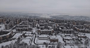 Aerial video shows socialist-era block houses in smog covered Eastern Hungarian city of Miskolc