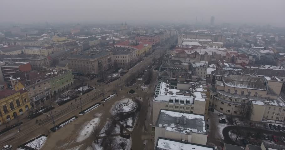 Aerial video shows the smog covered city of Debrecen in Hungary