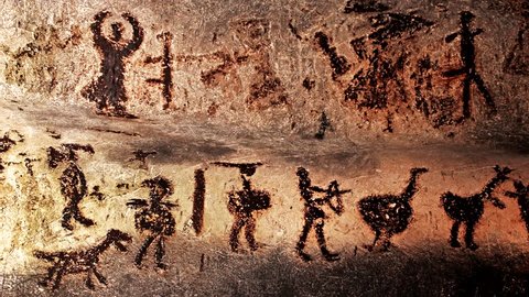 MAGURA, BULGARIA - AUGUST 20, 2016: Well preserved prehistoric mural drawings in Magura cave