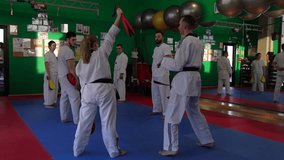 Slow motion video of an adult taekwondo training session in the gym, a woman kicking, selective focus