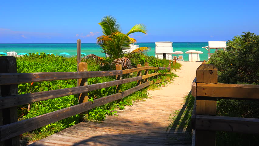 Walkway to famous South Beach, Miami Beach, Florida