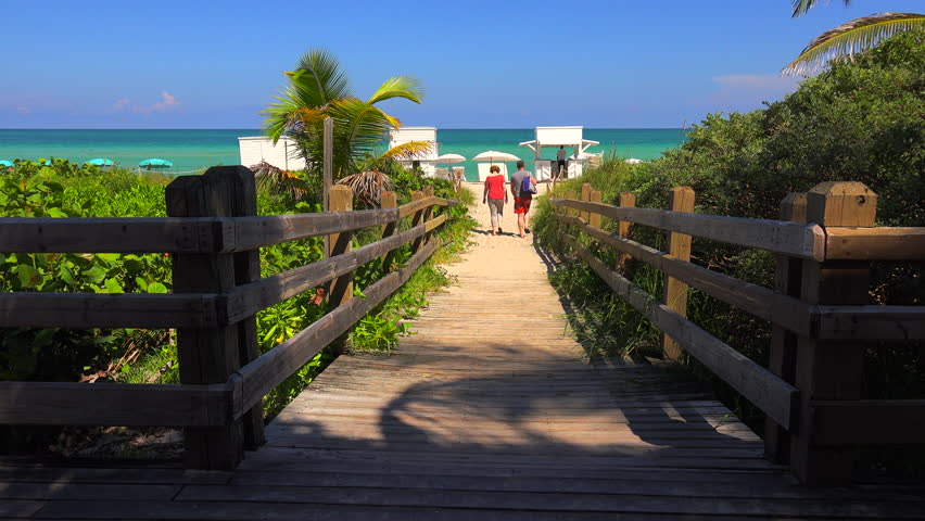 Walkway to famous South Beach, Miami Beach, Florida