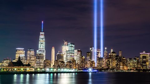New York City, Sept 11, 2016 4K Timelapse of World Trade Center Lights, Tribute in Light, Filmed on 9/11/2016