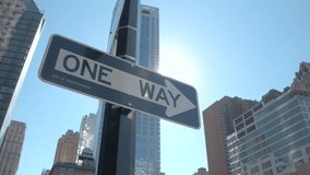 CLOSE UP, LOW ANGLE VIEW: New York City navigation indicating direction: one way road signboards fixed on a pole at traffic intersection in the downtown business district of Lower Manhattan, USA - Powered by Shutterstock - Get 15% off with code: PIKWIZARD15