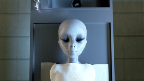 alien opens eyes in morgue. Autopsy concept. Cinematic 4k footage.
