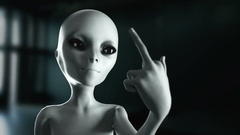 Alien show middle finger, fuck you. Smile. Cinematic 4k footage.